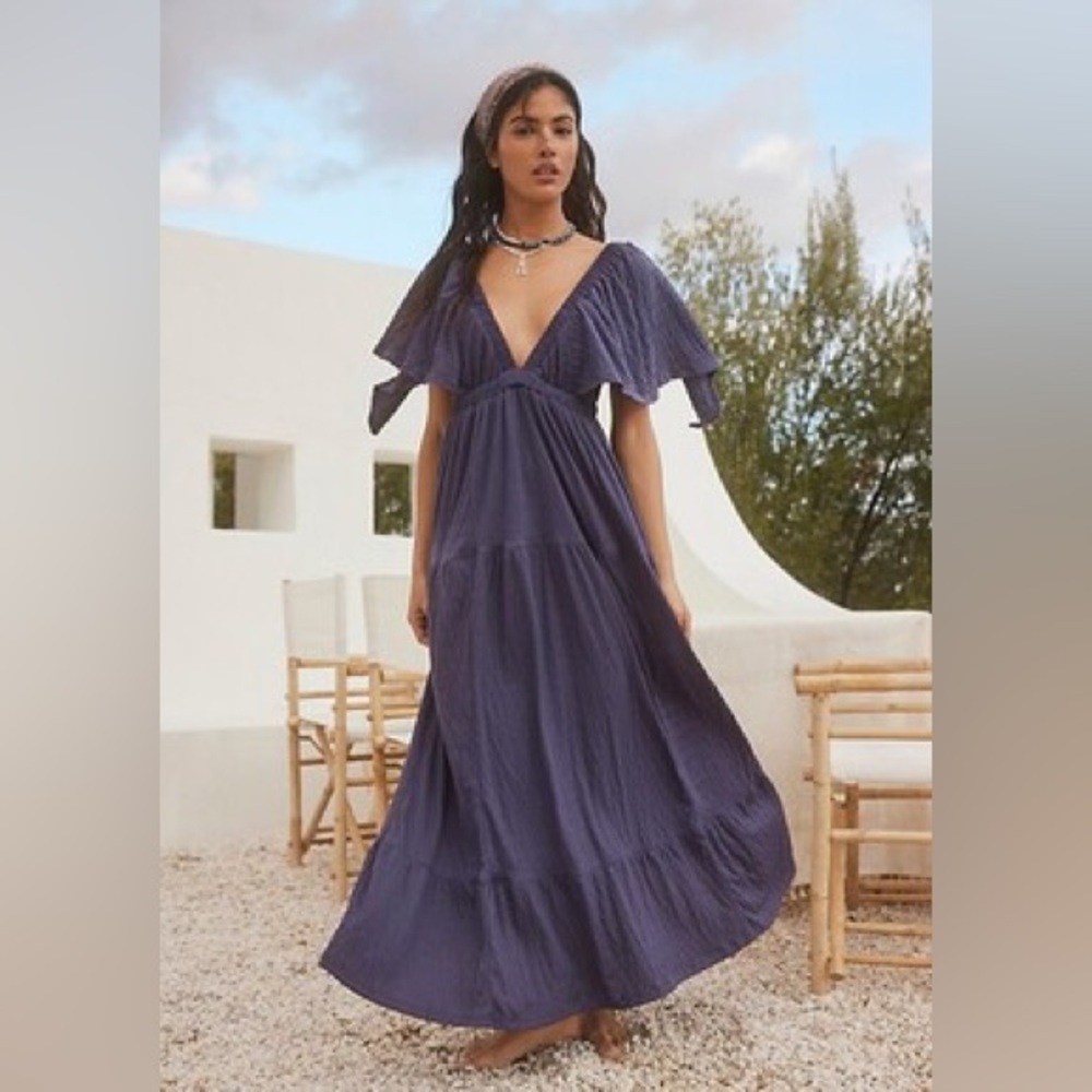 Free People Deep Purple Maxi Dress with Flutter Sleeves